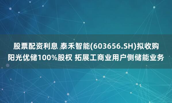股票配资利息 泰禾智能(603656.SH)拟收购阳光优储100%股权 拓展工商业用户侧储能业务